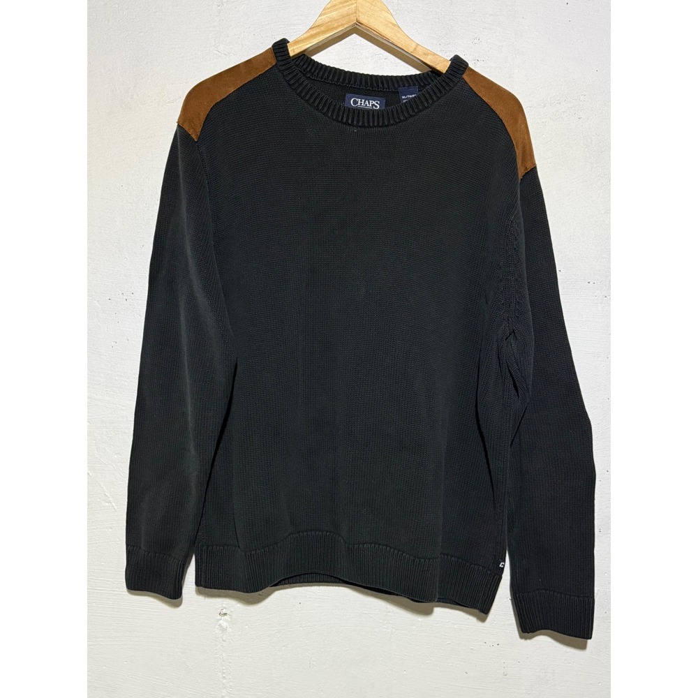 Chaps Mens XL Black Cotton Crewneck Sweater Brown Faux Suede Elbow Patches